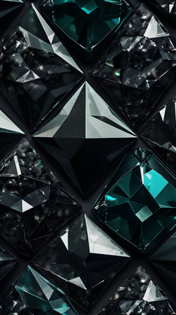 Close up of a group of green and black diamonds. Abstract background.の素材