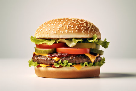 Big hamburger with cutlet, cheese, tomato and lettuce. 3d renderingの素材