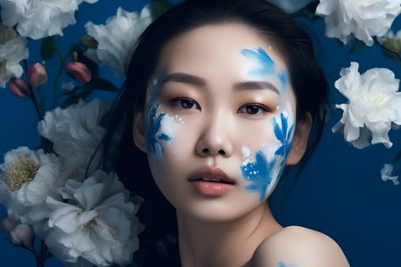 Beautiful asian woman with blue paint on face and flowers on blue backgroundの素材