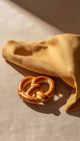 Bavarian pretzels on a linen napkin on a light backgroundの素材