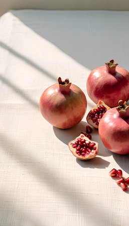 Ripe pomegranates on a light background with shadows.の素材