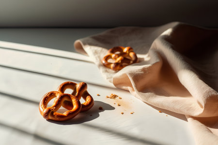 Pretzels on a white table with a linen napkinの素材