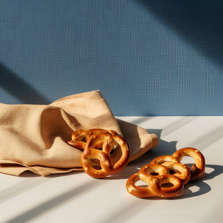 Pretzels on a white and blue background. Minimal still life.の素材