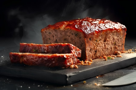 sliced meatloaf on a black plate with a knifeの素材