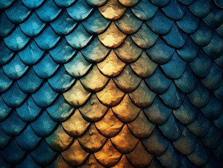 Blue and yellow grunge textured background with dragon scales pattern.の素材
