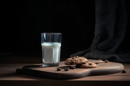 Glass of milk and chocolate chip cookies on a wooden board on a dark backgroundの素材