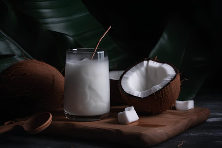 Coconut milk in a glass and fresh coconuts on a dark backgroundの素材
