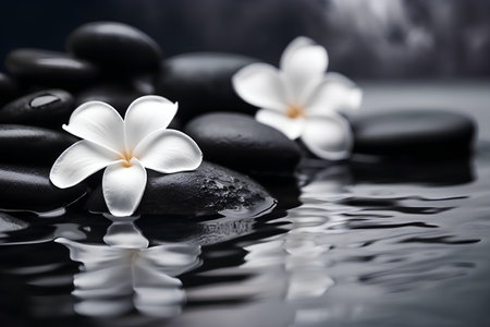 zen basalt stones and frangipani flower on the waterの素材