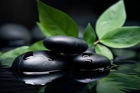 zen basalt stones and green leaves over black background with water dropsの素材