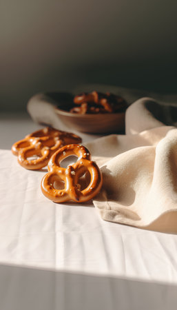 Tasty salted pretzels on white tablecloth, selective focusの素材