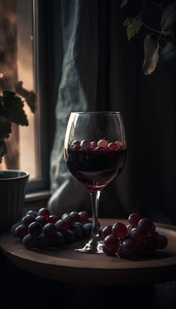 Glass of red wine with grapes on a wooden table in a dark roomの素材