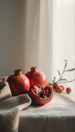 Ripe pomegranates on a light background. Selective focus.の素材