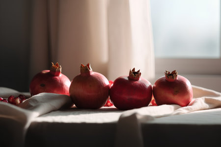 Ripe pomegranates on the windowsill. Selective focus.の素材