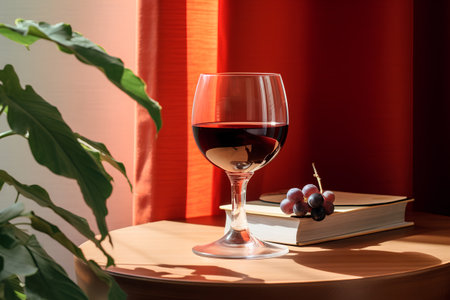 Glass of red wine, grape and book on table in room.の素材