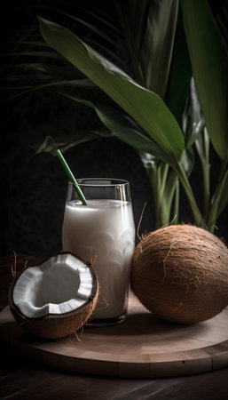 Coconut milk in a glass with a straw on a wooden tableの素材