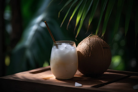 Coconut milk in a glass on a wooden table with palm leaves backgroundの素材