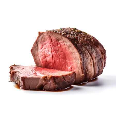 Sliced roast beef isolated on white background, top view.の素材