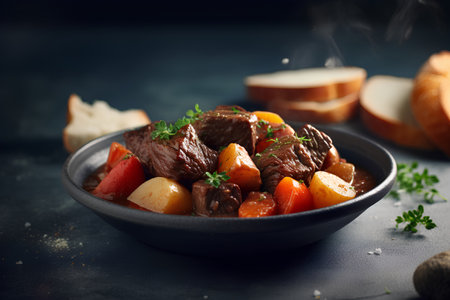 Beef stew with vegetables and herbs in black bowl on dark backgroundの素材