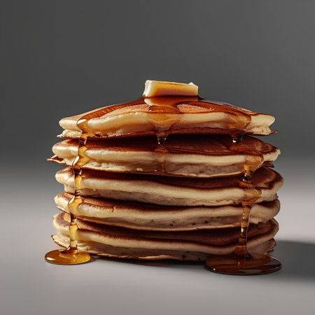 Stack of pancakes with maple syrup on grey background. 3d renderingの素材