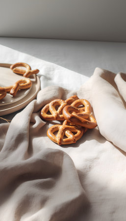 Homemade salted pretzels on a linen tablecloth.の素材