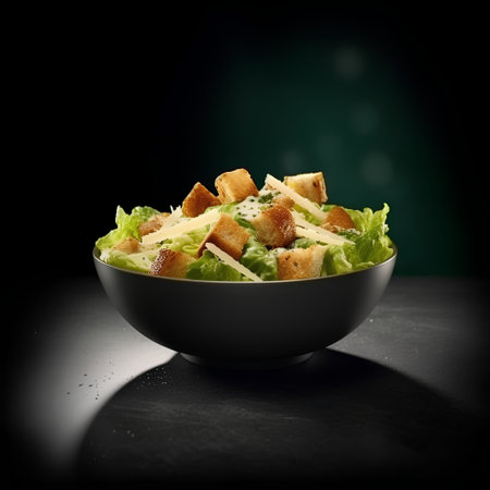 Caesar salad with croutons in a bowl on black backgroundの素材