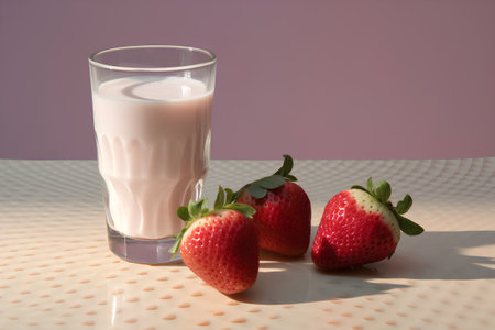Strawberries and a glass of milk on a pink background.の素材