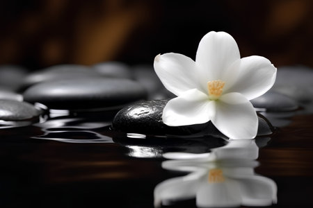 zen basalt stones and flower on the black background with reflectionの素材
