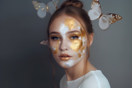 Fashion portrait of beautiful girl with golden make-up and butterfliesの素材