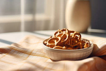 Pretzels in a bowl on a table in the kitchenの素材