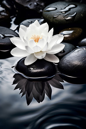 White lotus flower on black zen stones with reflection in waterの素材
