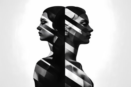 black and white portrait of a beautiful woman with abstract pattern on her faceの素材