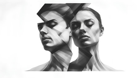 Double exposure portrait of woman and man. Black and white image.の素材