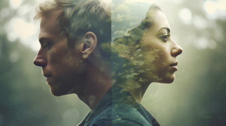 Double exposure portrait of a man with a green forest in the backgroundの素材