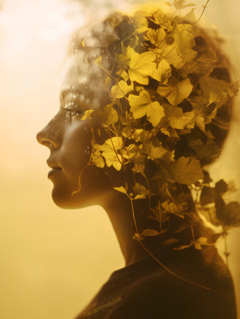 Double exposure portrait of young beautiful woman with autumn leaves in her hairの素材