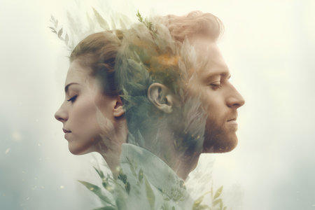 Double exposure portrait of young man and woman combined with nature background.の素材