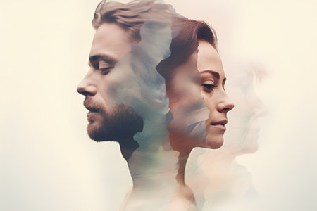 Double exposure of man and woman combined with abstract image of human faceの素材