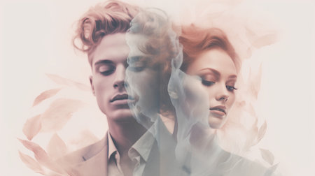 Young man and woman in smoke. Art collage. Double exposureの素材