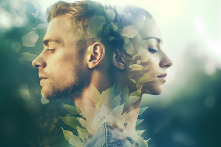 Double exposure portrait of young man with green leaves on his face.の素材