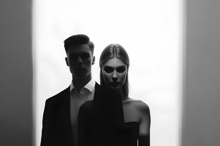 Silhouette of a man and a woman in a dark roomの素材