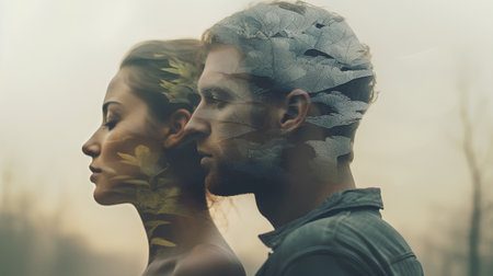 Side view of man and woman in profile with floral ornament on faceの素材