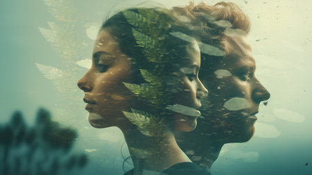 Double exposure portrait of young man and woman looking at each other.の素材