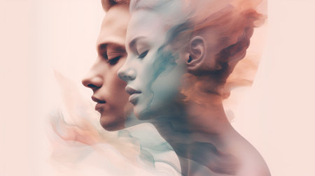 Double exposure portrait of a man and woman combined with colored smoke.の素材