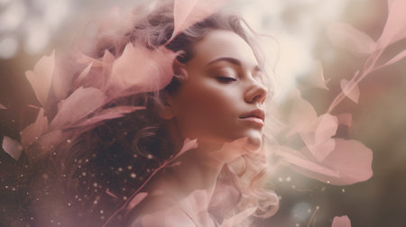 Beautiful young woman with autumn leaves in her hair. Beauty, fashion.の素材