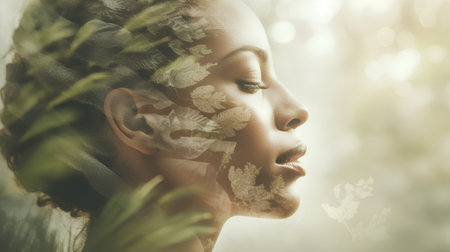 Portrait of beautiful young woman with green leafs on her faceの素材