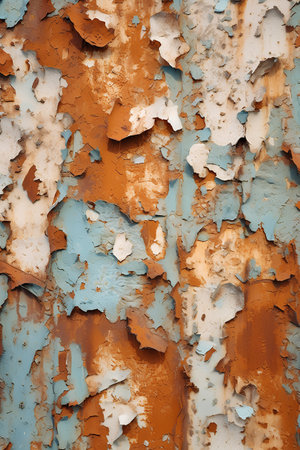 Grunge background with peeling paint. Blue and orange colors.の素材