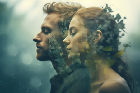 Double exposure portrait of man and woman in rain forest. Mixed mediaの素材