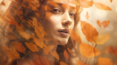 Beautiful young woman with autumn leaves. Beauty, fashion concept.の素材