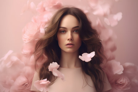 Beautiful young woman with long curly hair and pink rose petalsの素材