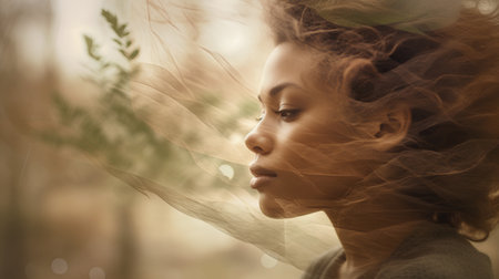 Side view portrait of a dreamy young woman with closed eyes and curly hair.の素材