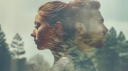 Double exposure portrait of a man and a woman combined with leaves.の素材